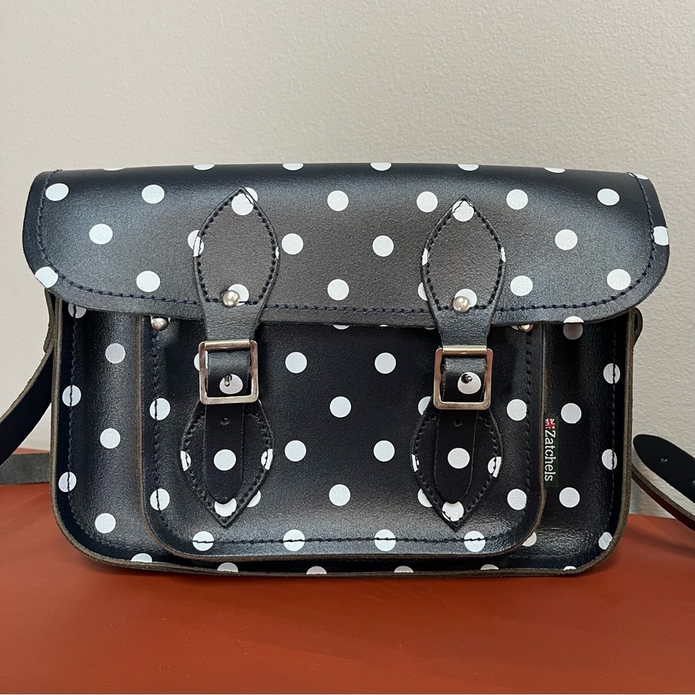 Zatchels Genuine Leather Polka Dot Satchel Crossbody Navy Blue Buckles